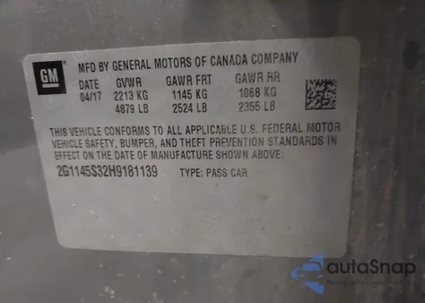 2017 Chevrolet Impala 2Lz z USA, uszkodzony, nr VIN 2G1145S32H9181139